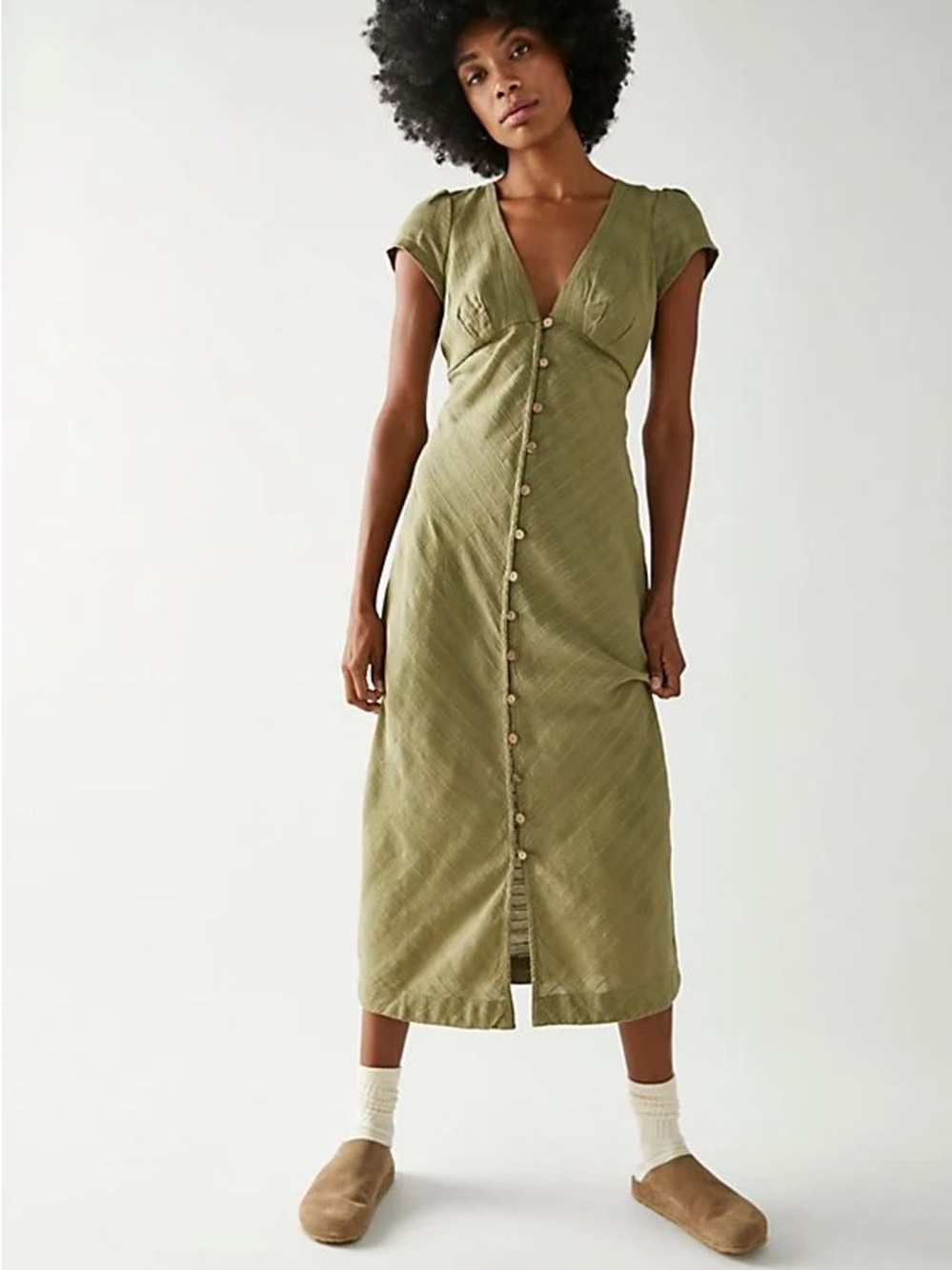 Free People Olive Button-Front Midi Dress